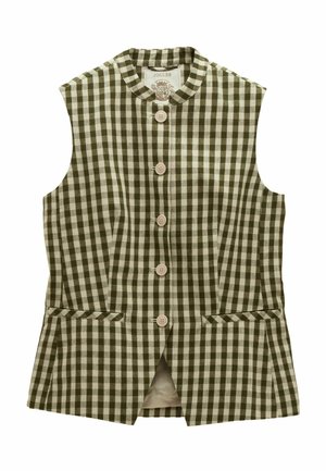 Varrukateta rohelise ja valge ruudulise mustriga nööbitav vest mandariinikaelusega ja kahe ees taskuga.