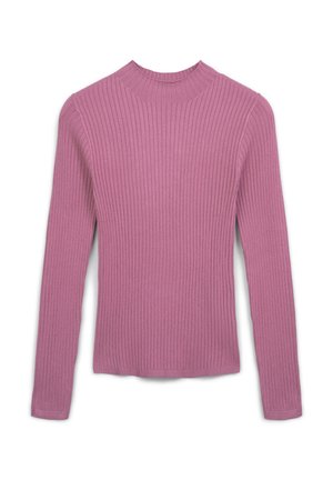 Pull à manches longues en coton côtelé de couleur rose pâle. Il présente un col montant et une silhouette ajustée. Texture lisse avec un motif uniforme sur l'ensemble.