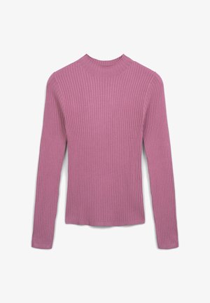 Langarm-Rippstrickpullover in zartem Pink. Mit hohem Kragen und taillierter Silhouette. Glatte Textur mit einem einheitlichen Muster.