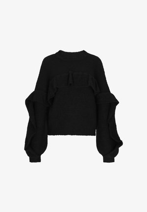Crna pletena dzemper s teksturiranim završetkom, s volanima na rukavima i skraćenim dizajnom. Okrugli izrez i dugi rukavi.