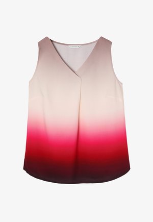 Top sin mangas con escote en V, que presenta un degradado de color de rosa claro a fucsia oscuro y negro. Hecho de una tela suave, sin herrajes visibles.