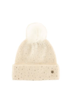 Berretto a maglia color crema con una morbida pom-pom bianca, adornato con piccoli cristalli d'argento sparsi e un piccolo logo metallico rotondo.