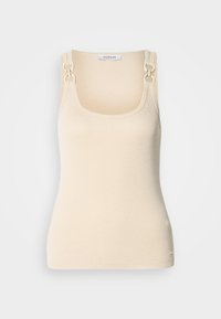 Beige sleeveless top in ribbed texture with square neckline and decorative gold-tone hardware at the shoulder straps.