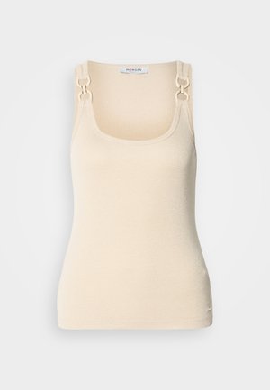 Beige sleeveless top in ribbed texture with square neckline and decorative gold-tone hardware at the shoulder straps.