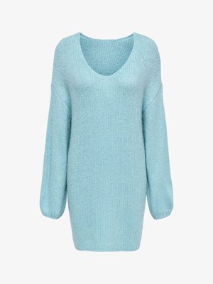 Gaiši zilas krāsas adīts džemperis ar dziļu V-veida izgriezumu, nolaistām plecu līnijām un garām balona piedurknēm. Mīksta tekstūra un vaļīgs siluets.