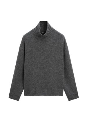 Pull en laine gris à col roulé avec un col côtelé, des manches longues et une coupe carrée. La texture semble douce et confortable avec une finition lisse.