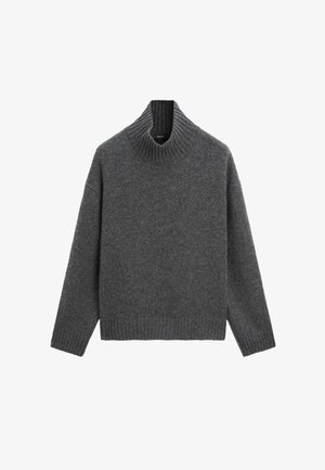 Grijze wollen coltrui met een geribde halslijn, lange mouwen en een boxy pasvorm. De stof oogt zacht en comfortabel met een gladde afwerking.