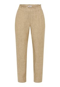Pantalons en lin beige avec une finition texturée, dotés d'une taille élastique et d'une coupe décontractée. Conception à jambes droites sans motifs visibles.