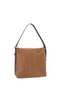 Borsa in pelle scamosciata marrone con una texture liscia, forma rettangolare orizzontale e una tracolla in pelle scura. Presenta una chiusura con cerniera.