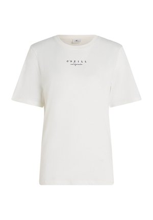 Weißes Baumwoll-T-Shirt mit kurzen Ärmeln und rundem Ausschnitt. Es hat ein schwarzes "O'Neill California"-Logo auf der Vorderseite aufgedruckt.