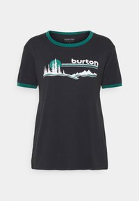 Černé tričko s krátkým rukávem a zeleným lemem, s grafikou stromů, hor a slovem "burton" na hrudi.
