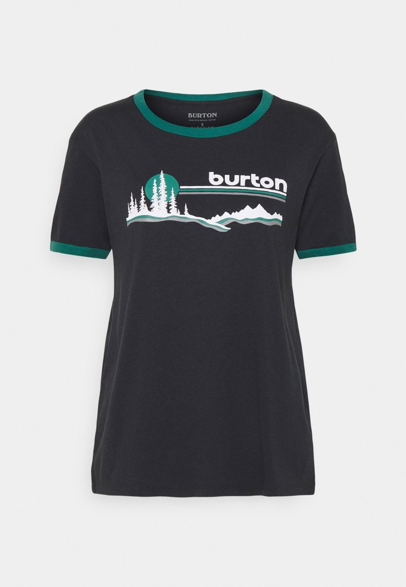 Černé tričko s krátkým rukávem a zeleným lemem, s grafikou stromů, hor a slovem "burton" na hrudi.
