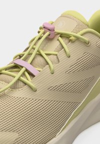 Μπεζ και ανοιχτό πράσινο αθλητικό παπούτσι με υφή διχτυού, ελαστικά ανοιχτό πράσινα κορδόνια που στερεώνονται με ροζ κουμπί και ροζ θηλιά κορδονιών στο πλάι.