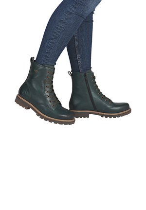 Grüne Lederstiefeletten mit runder Zehenform, Frontschnürung, seitlichem Reißverschluss und robustem Sohlen; verfügen über gestickte Akzente und Logodetails.