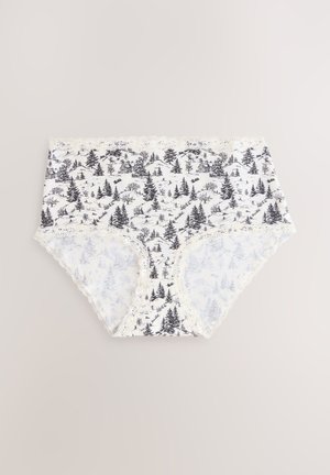 Lenjerie albă cu talie înaltă și model negru cu copaci, având o dantelă la talie și pe piciorușe, realizată dintr-un material moale și respirabil.