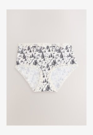 Lenjerie albă cu talie înaltă și model negru cu copaci, având o dantelă la talie și pe piciorușe, realizată dintr-un material moale și respirabil.