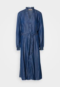 Jeans obleka z dolgimi rokavi, volanastim ovratnikom, gumbi spredaj in zavezovanjem v pasu. Temno modra barva z mehko, teksturirano površino.