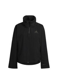Veste imperméable noire Adidas avec col haut, fermeture éclair devant et poches latérales, arborant les logos Adidas et RAIN.RDY.
