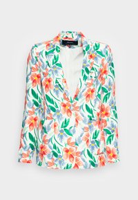 Żakiet w kwiatowy wzór na białym tle, z żywymi czerwonymi, niebieskimi i zielonymi motywami botanicznymi, dwoma przednimi kieszeniami oraz kołnierzem z wyłogami.