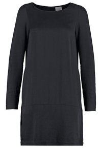 Robe noire à manches longues, longueur genou, avec un col bateau et une coupe droite, présentée sur un fond blanc.