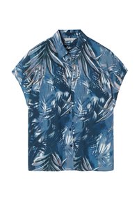 Camicia a maniche corte con bottoni in tessuto blu scuro con stampa di foglie tropicali in tonalità più chiare. Presenta un colletto classico e una vestibilità ampia.