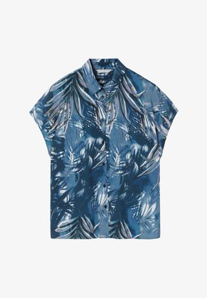 Kortærmet skjorte med knap i mørkeblå stof med tropisk bladprint i lysere nuancer. Har en klassisk krave og en løs pasform.