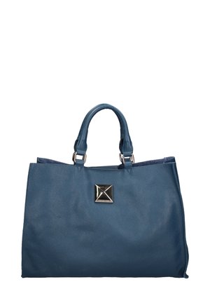 Handtas met bovenhandvat in diepblauw leer met een gestructureerde afwerking. Kenmerkt zich door een opvallende metallic vierkante accent aan de voorkant.
