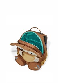 Brauner Stoff-Rucksack mit Cartoon-Tierdesign, türkisfarbenem Innenfutter, runden Reißverschlussfächern und weichen Ohrenakzenten.