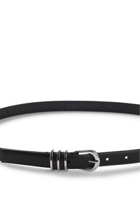 Curea din piele neagră cu un design elegant, dotată cu o cataramă din metal argintie și trei accente circulare lângă cataramă.