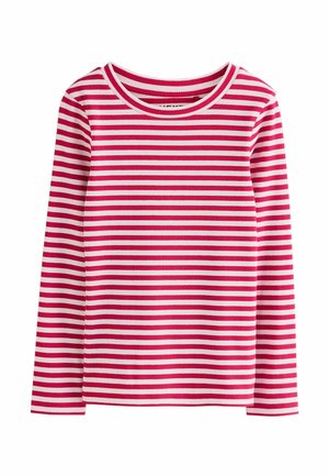 T-shirt à manches longues en rib séparé avec des rayures horizontales roses et blanches et un col rond sur fond blanc.