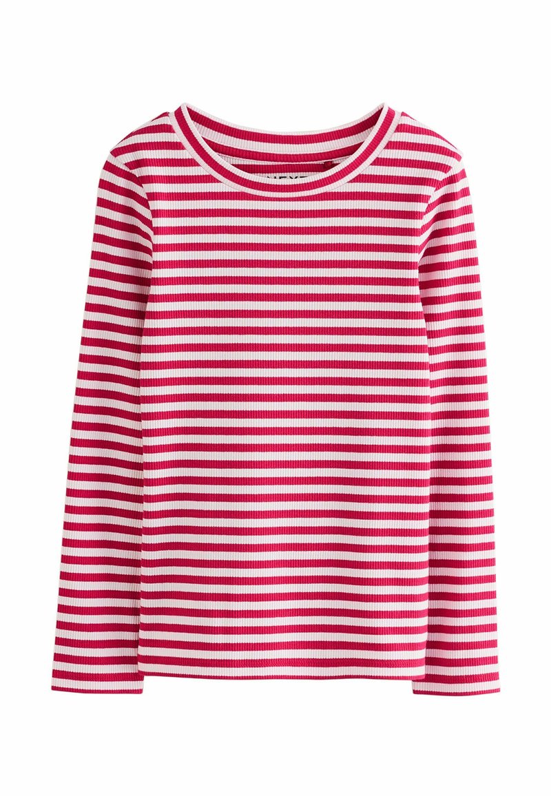 Maglietta a maniche lunghe a costine con righe orizzontali rosa e bianche e scollatura rotonda su uno sfondo bianco.