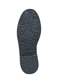 Suola di scarpa in gomma nera caratterizzata da una superficie testurizzata, motivi circolari, fori di ventilazione e un logo GEOX al centro.