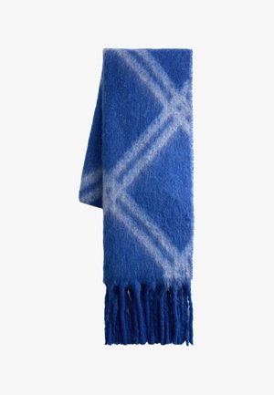 Écharpe en laine bleue avec un motif diagonal bleu clair et des extrémités à franges, affichant une texture douce et une conception robuste.