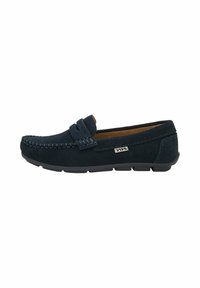 Mocassini in suede blu navy con cuciture decorative, suola in gomma piatta e design slip-on per una facile vestibilità. Include un delicato dettaglio con il logo del marchio.