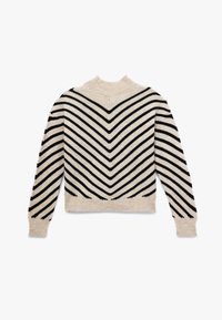 Strickpullover mit hohem Kragen, beige Grundfarbe und schwarzen Zickzackstreifen. Rippbündchen und Saum, weiche Textur.