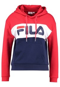 Röd, vit och marinblå sweatshirt med huva, framficka och logotyp. Blandning av bomull, har kontrasterande färgblock och dragsko.