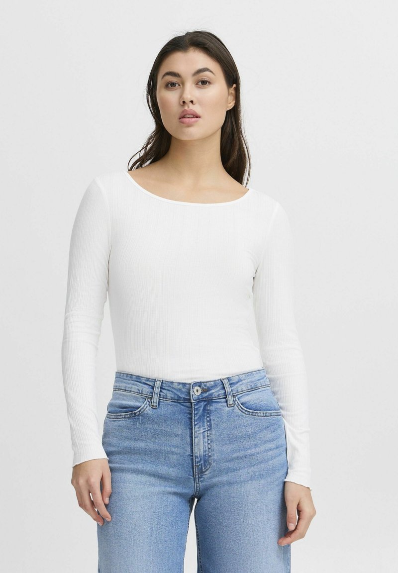 White long-sleeve top with ribbed texture and a wide neckline, paired with light blue high-waisted jeans featuring front pockets and a button closure.