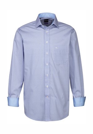 Camicia a maniche lunghe in azzurro chiaro con un motivo geometrico, chiusura con bottoni sul davanti e polsini in azzurro chiaro a contrasto. Realizzata in tessuto liscio.