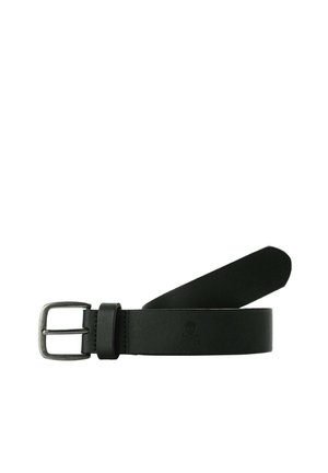 Curea din piele neagră cu o cataramă rectangulară din metal de culoare argintie. Textură netedă, design minimal, având un logo embosat pe curea.