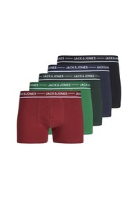 Boxershorts in vijf kleuren: rood, groen, marineblauw, zwart. Elke heeft een contrasterende witte tailleband met het logo "JACK & JONES". Zachte stof, strakke pasvorm.