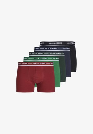 Boxers en cinq couleurs : rouge, vert, marine, noir. Chacun présente une ceinture blanche contrastante avec le logo "JACK & JONES". Matière douce, design ajusté.
