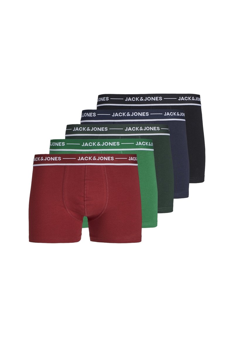 Boxershorts in vijf kleuren: rood, groen, marineblauw, zwart. Elke heeft een contrasterende witte tailleband met het logo "JACK & JONES". Zachte stof, strakke pasvorm.