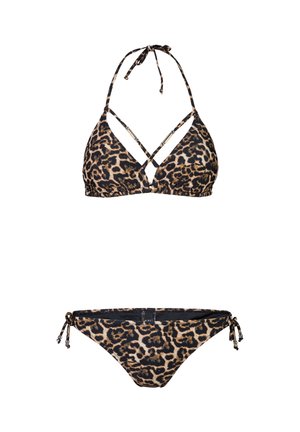 Leopardenmuster-Bikini-Set mit einem Triangeltop mit verstellbarem Neckholder und überkreuzten Vorderträgern sowie passenden Seitenschnürungen an der niedrig geschnittenen Hose.
