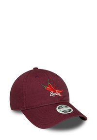 Maroon baseball cap with embroidered red chili peppers and "Spicy" text on front, featuring a curved brim and adjustable back.