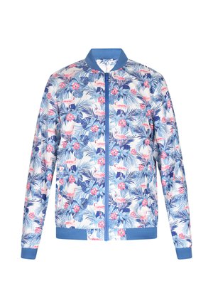 Blomstrede bomberjakke med et blå- og hvidt tropisk print med pink blomster og flamingoer, ribbet manchetter og lynlås foran.