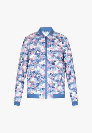 Bavlněná bomber bunda s květinovým vzorem v modro-bílé tropické kombinaci, s růžovými květy a plameňáky, s žebrovanými manžetami a zipovým zapínáním vpředu.