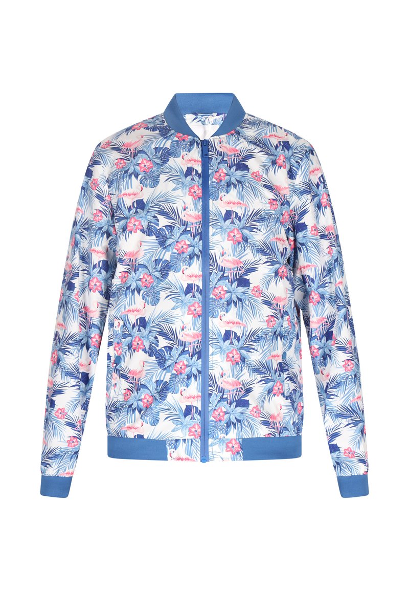Jachetă bomber florală cu un model tropical albastru și alb, cu flori roz și flamengi, manșete ribbate și închidere cu fermoar.