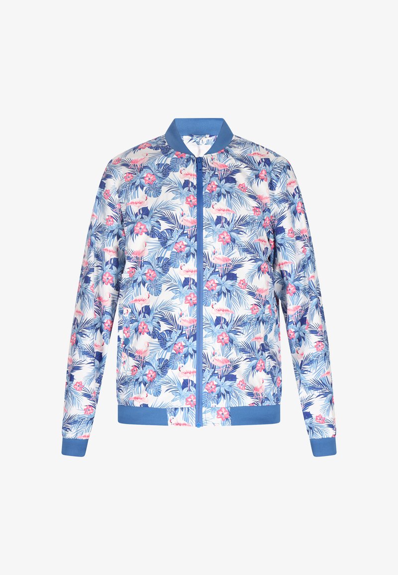 Blomstrede bomberjakke med et blå- og hvidt tropisk print med pink blomster og flamingoer, ribbet manchetter og lynlås foran.