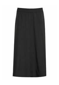 Jupe noire avec une taille élastique, longueur genou, tissu lisse, coupe droite, design minimal, sans motifs ni embellissements visibles.