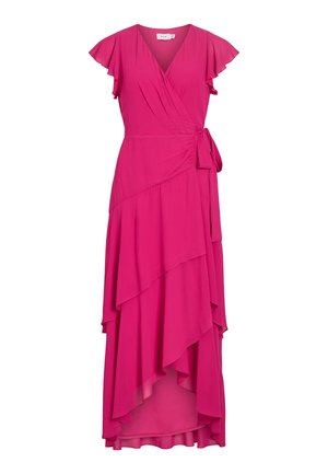 Fuchsia slå-om-kjole med flagrende ærmer, V-hals, sidetie talje og asymmetrisk lagdelt kant, lavet af letvægtsstof.